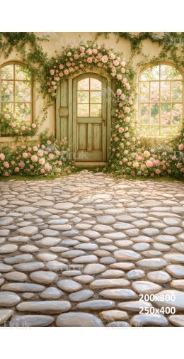 Tło fotograficzne „Romantyczne zielone drzwi wśród róż i kamiennej ścieżki” | E661